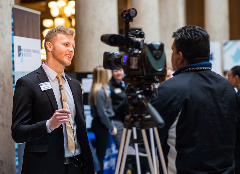 Student Zachary Holt from the Scott College of Business is interviewed by WTHI