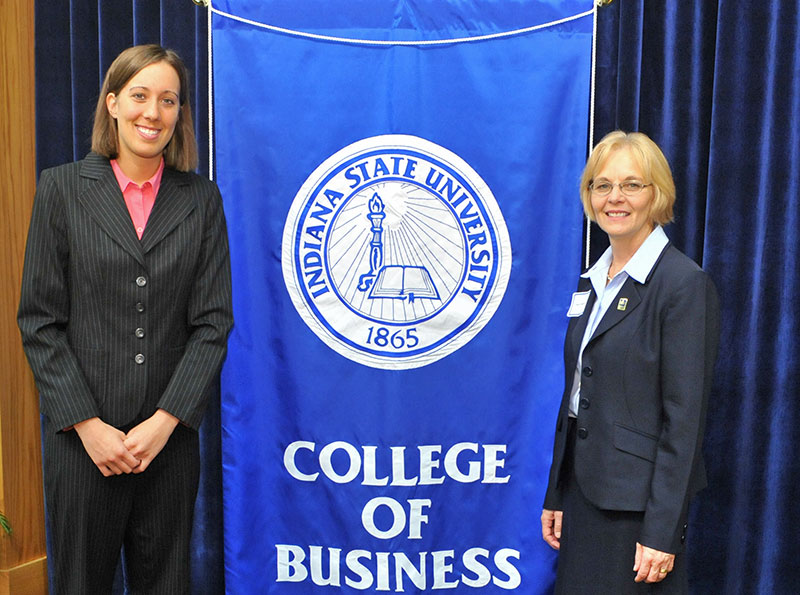 Laura Rudolphi (left) with Nancy Merritt, dean of Indiana State University's College of Business